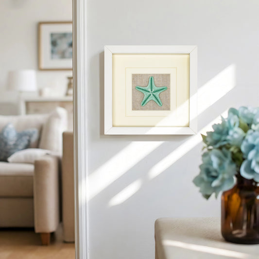 Minimalist Seascape Artwork Featuring Mint-Green Starfish