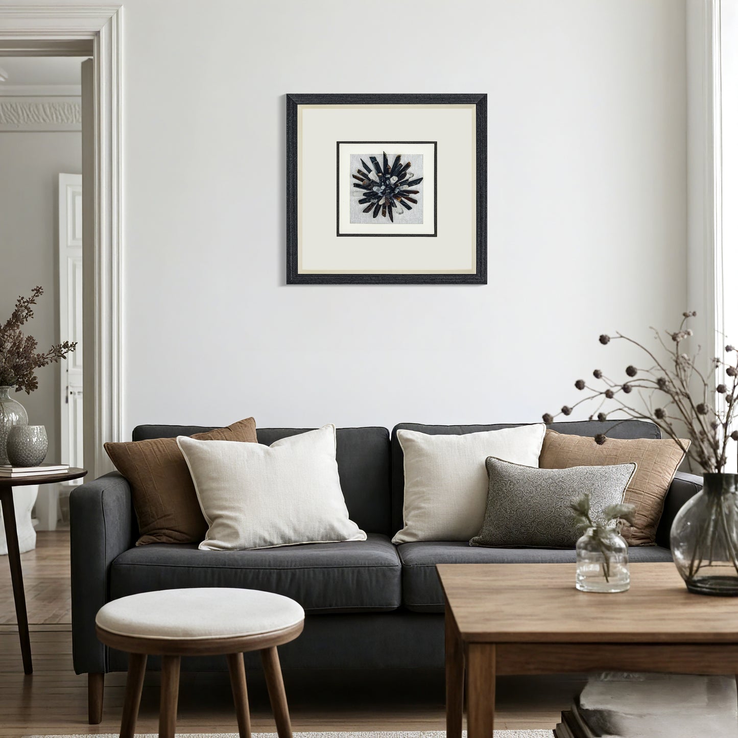 Energie-Duo - Naturschwarzer Achat & Bergkristall in Zen-Grau Wandobjekt