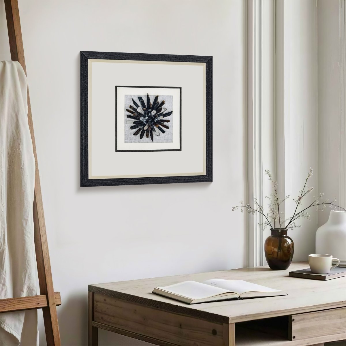 Zenith" Agate & Rock Crystal Wall Art – Handcrafted on a Zen - Gray Frame - Jemento